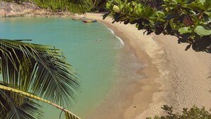 Una playa con aguas turquesas cristalinas, arena dorada y exuberante vegetación.