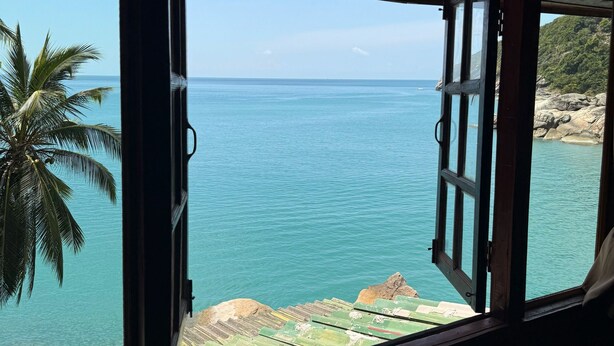 Una ventana abierta con vista al mar, una palmera y una costa rocosa.