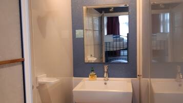 A bathroom with a white sink, a mirror, and a shower enclosure.