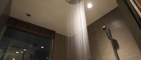 A modern shower with a circular rain showerhead, a handheld showerhead, and a glass door.