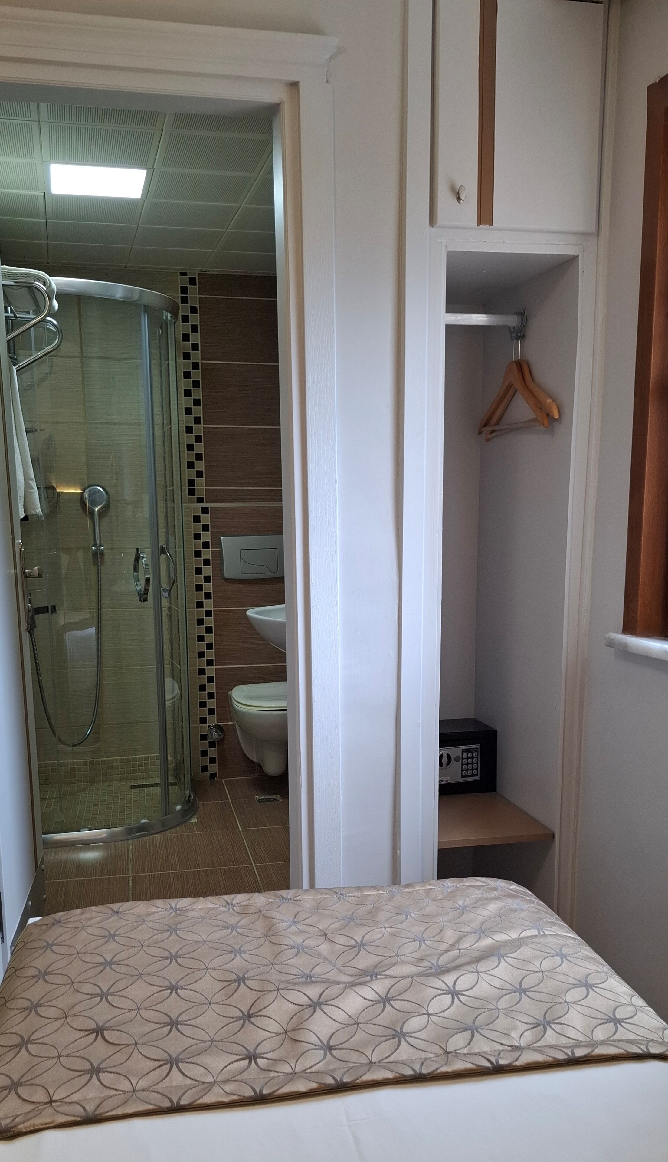 A bedroom with a bed, a shower, a toilet, and a small shelf with a hanging item.