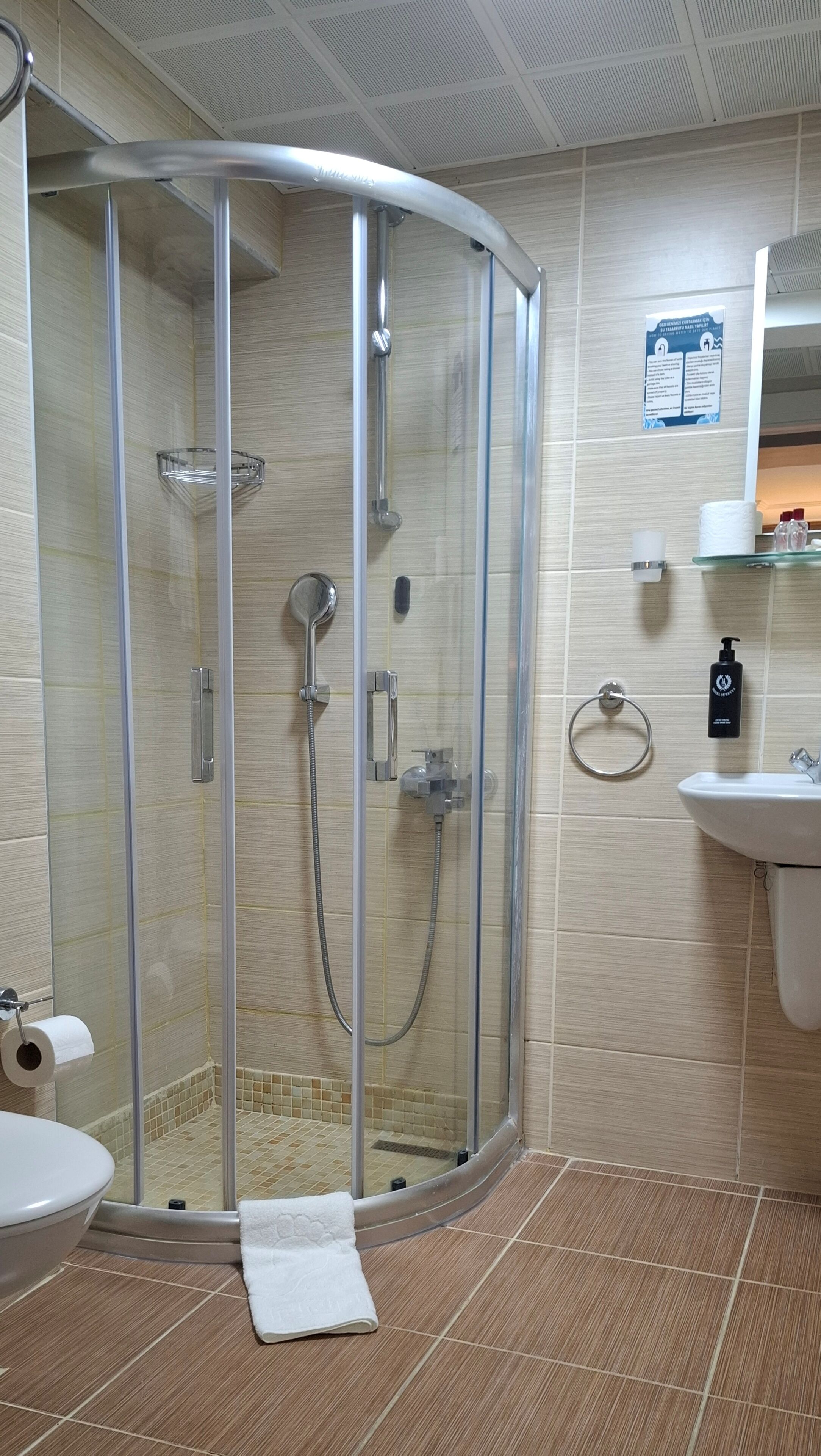 A modern bathroom with a glass-enclosed shower, a sink, and a toilet.