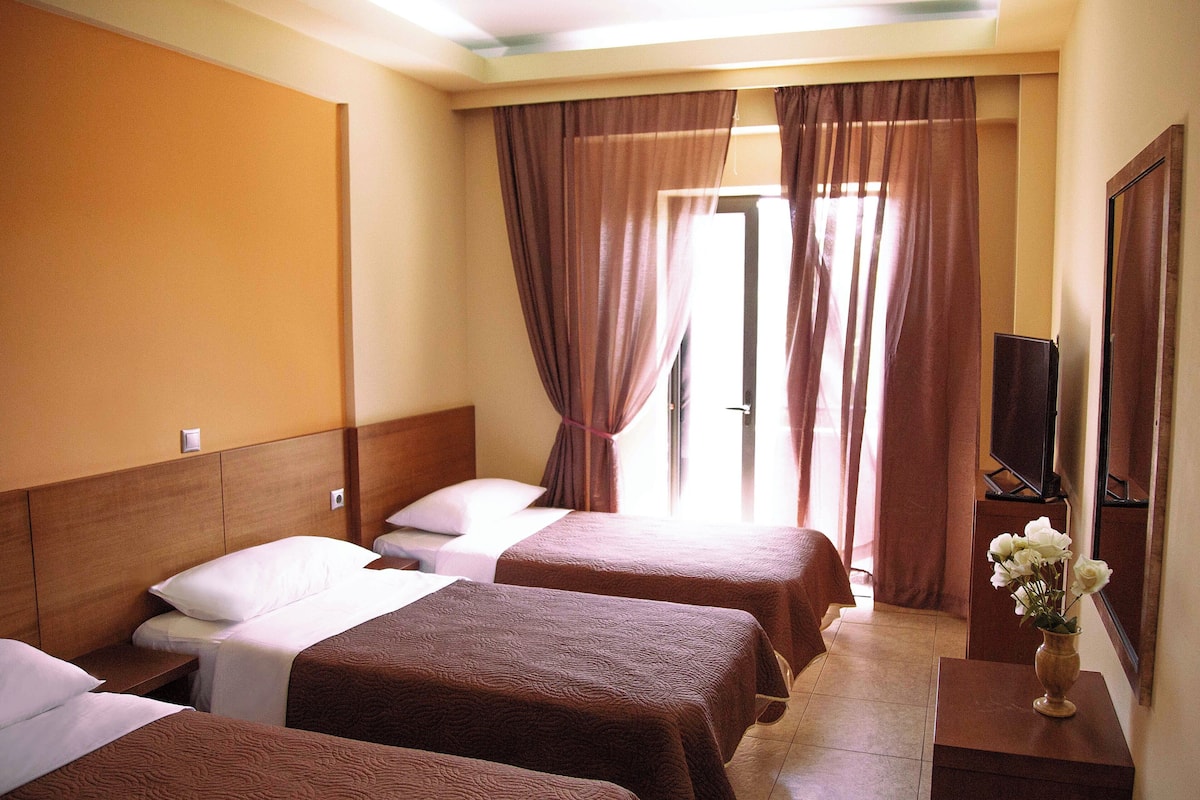 A hotel room with two beds, a TV, and a vase of flowers.