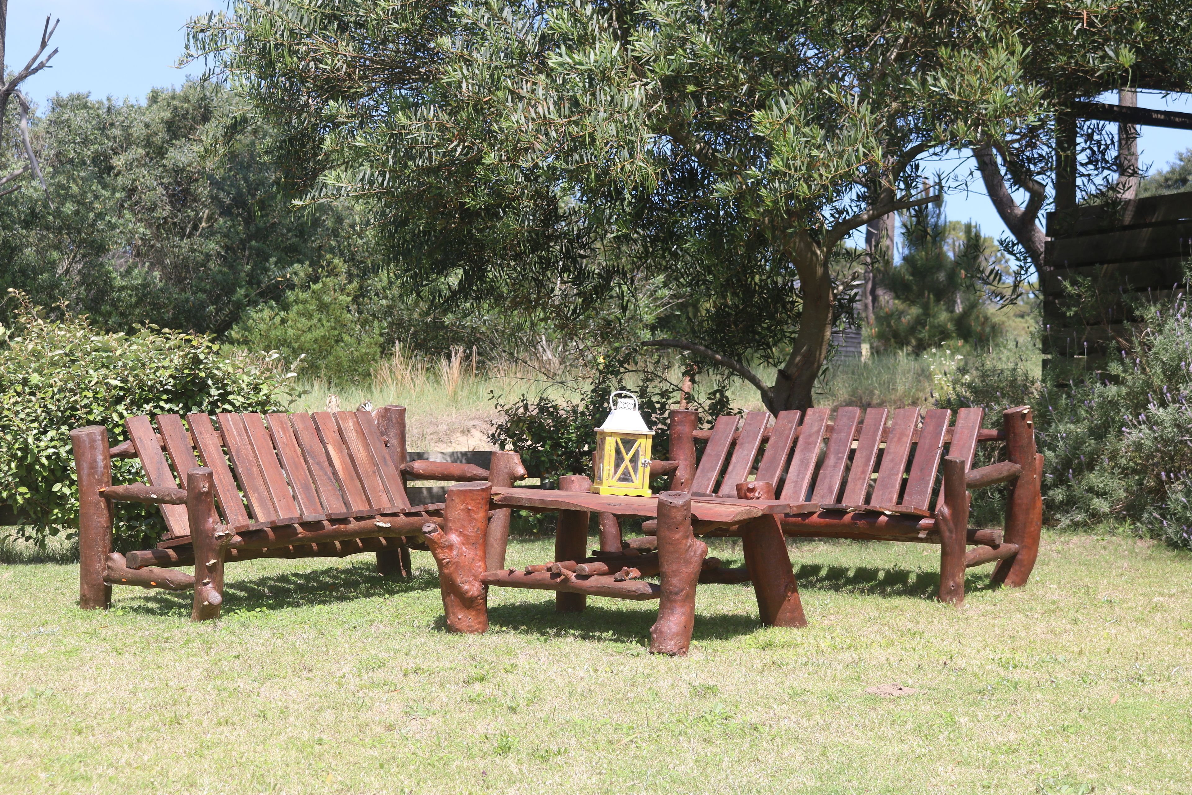 Un banco de madera con un farol en un área cubierta de césped, con árboles al fondo.