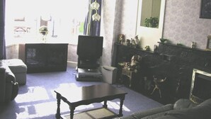 A living room with a sofa, a coffee table, a television, and a fireplace. - Ty Newydd B&B (Trefriw)