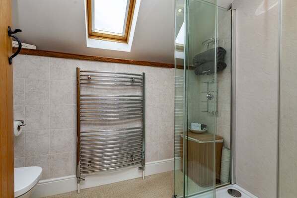 A modern bathroom with a glass shower enclosure, a towel rack, and a skylight.