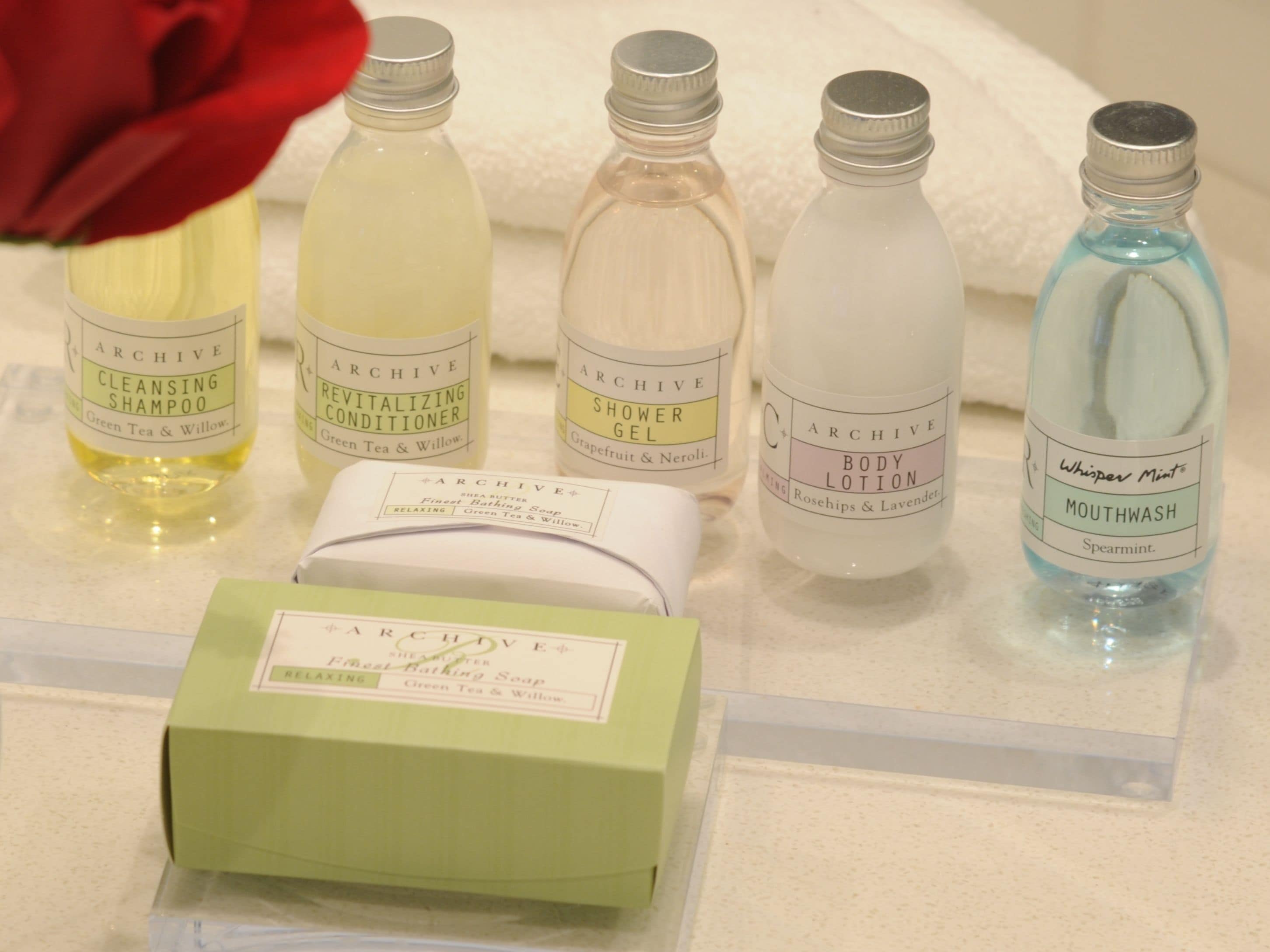 free toiletries, hair dryer, bathrobes, towels