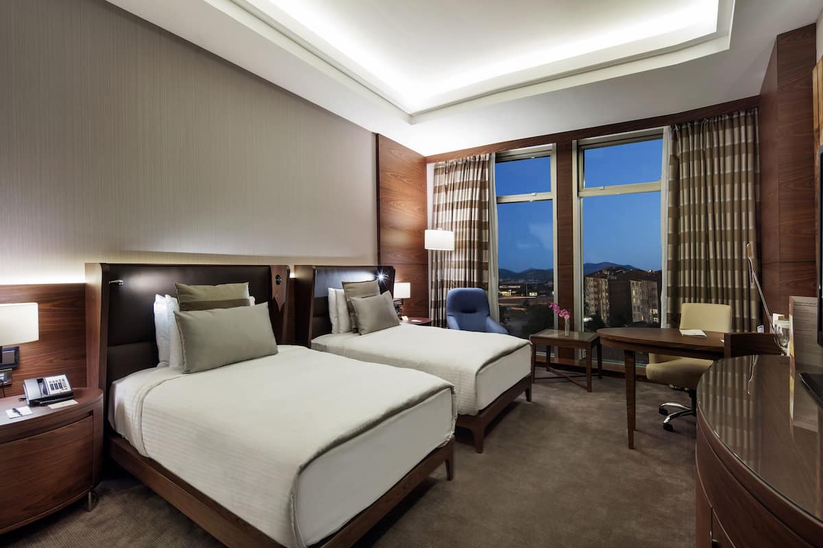 A hotel room with two beds, a desk, a TV, and a city view.