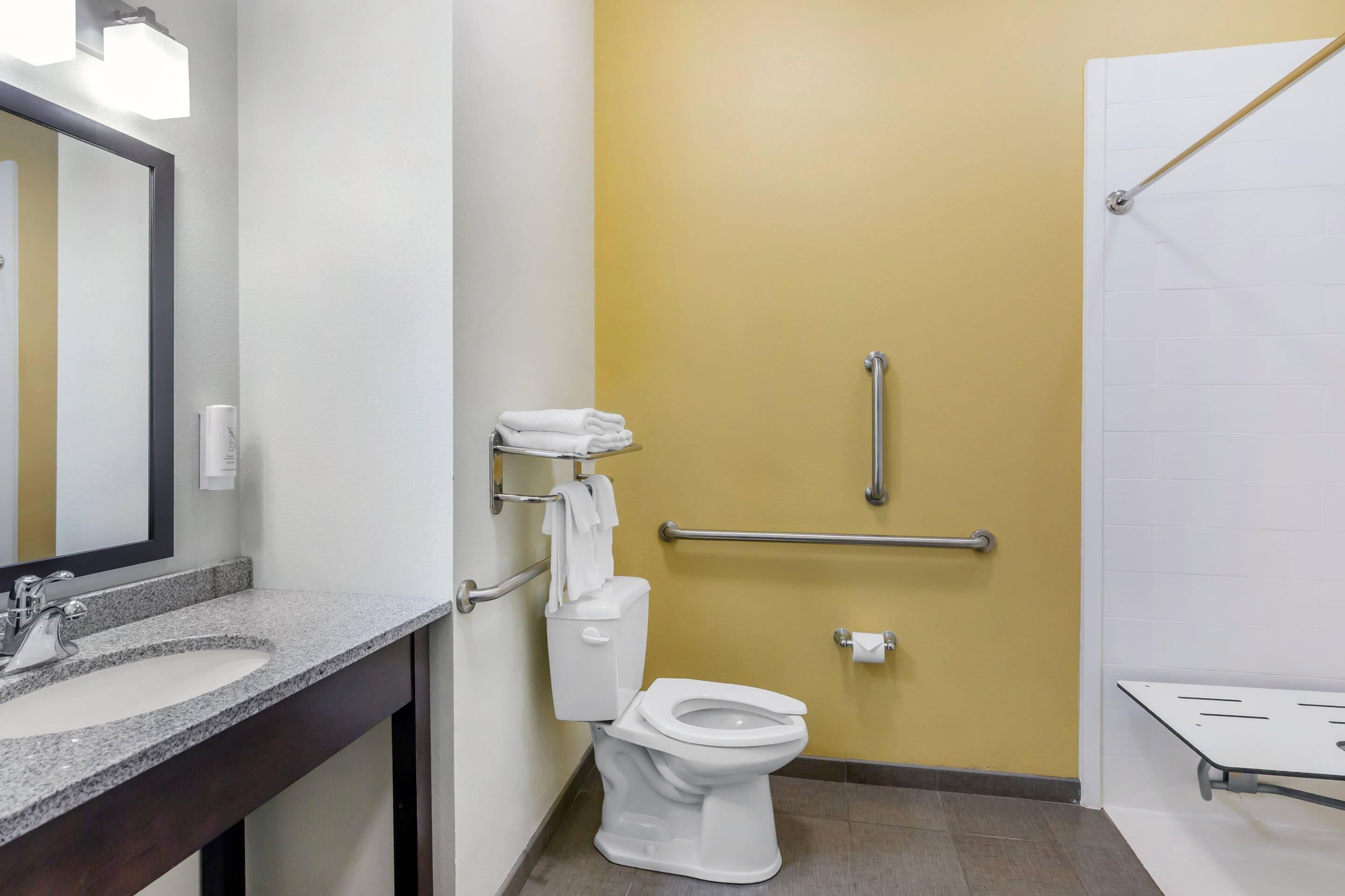 A bathroom with a white sink, a toilet, and a shower area.