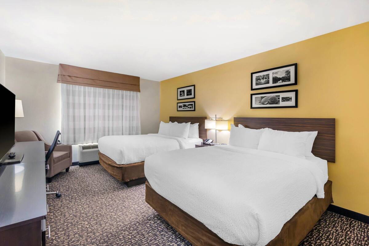 Une chambre d’hôtel avec deux lits, un bureau, une chaise et une télévision.