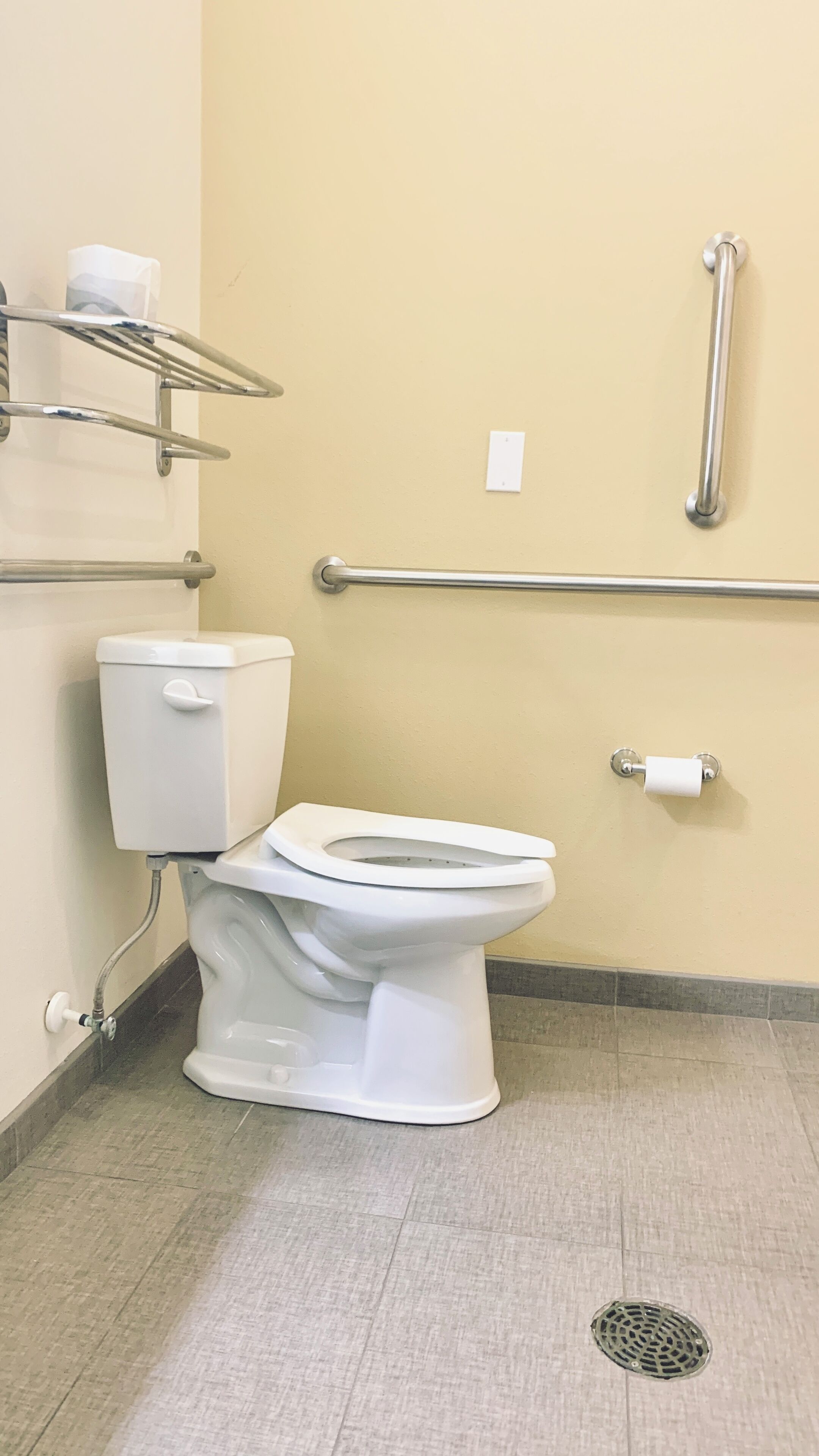 Des toilettes classiques, avec une cuvette et un réservoir blancs, une barre d’appui fixée au mur et un rouleau de papier toilette posé sur un support.