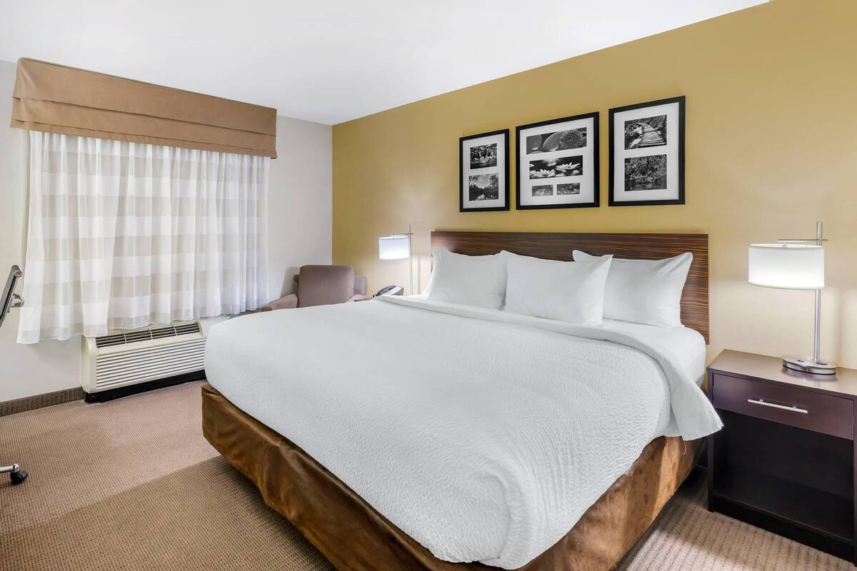 Une chambre d’hôtel avec un grand lit, une table de chevet, une chaise, une lampe et un mur orné de trois tableaux encadrés.