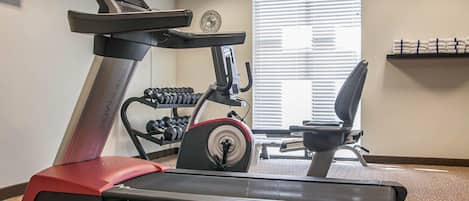 A gym with a Freemotion Reflex T7 treadmill, dumbbells, and a chair.