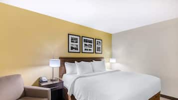 A hotel room with a bed, a nightstand, a lamp, a chair, and three framed pictures on the wall.