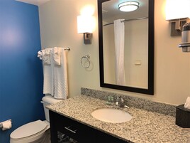 Combined shower/tub, free toiletries, hair dryer, towels
