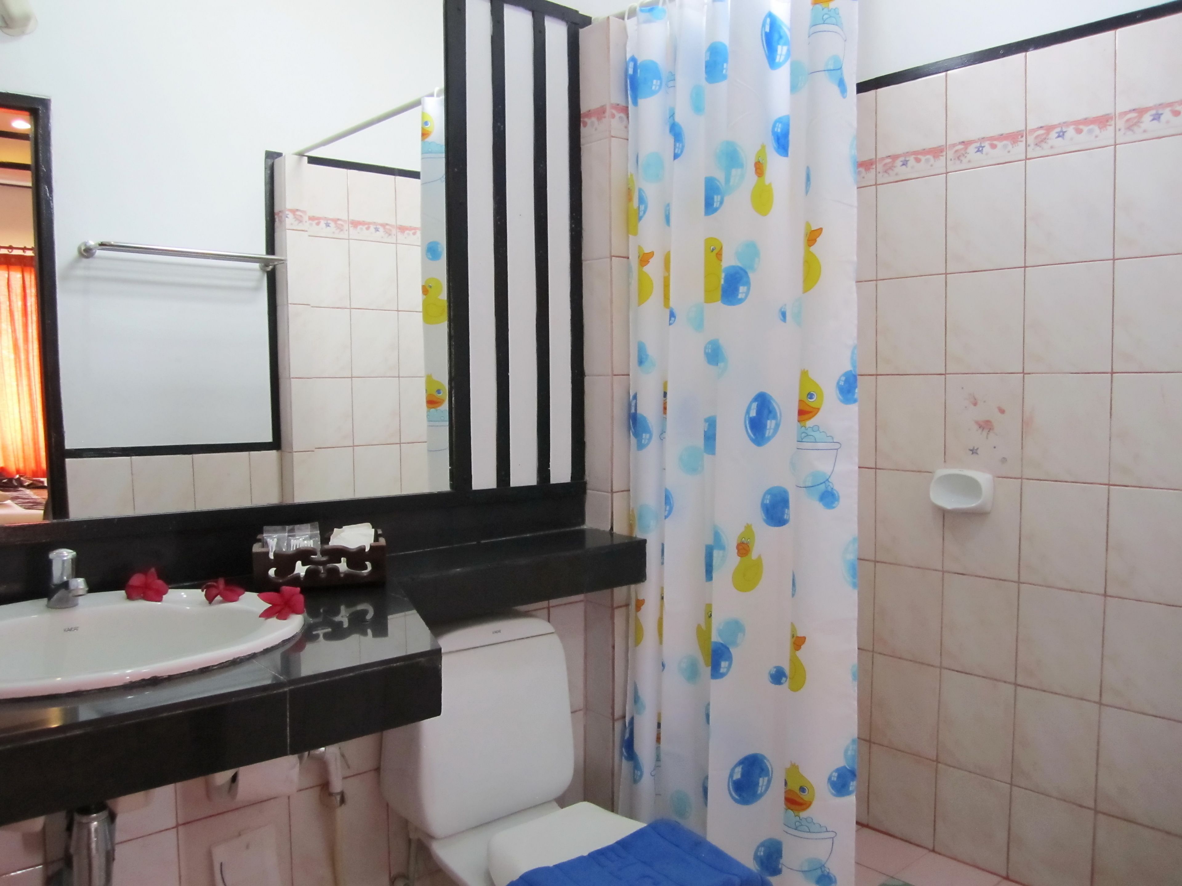 A bathroom with a white sink, black countertop, and a toilet. There is a shower curtain with a duck pattern.