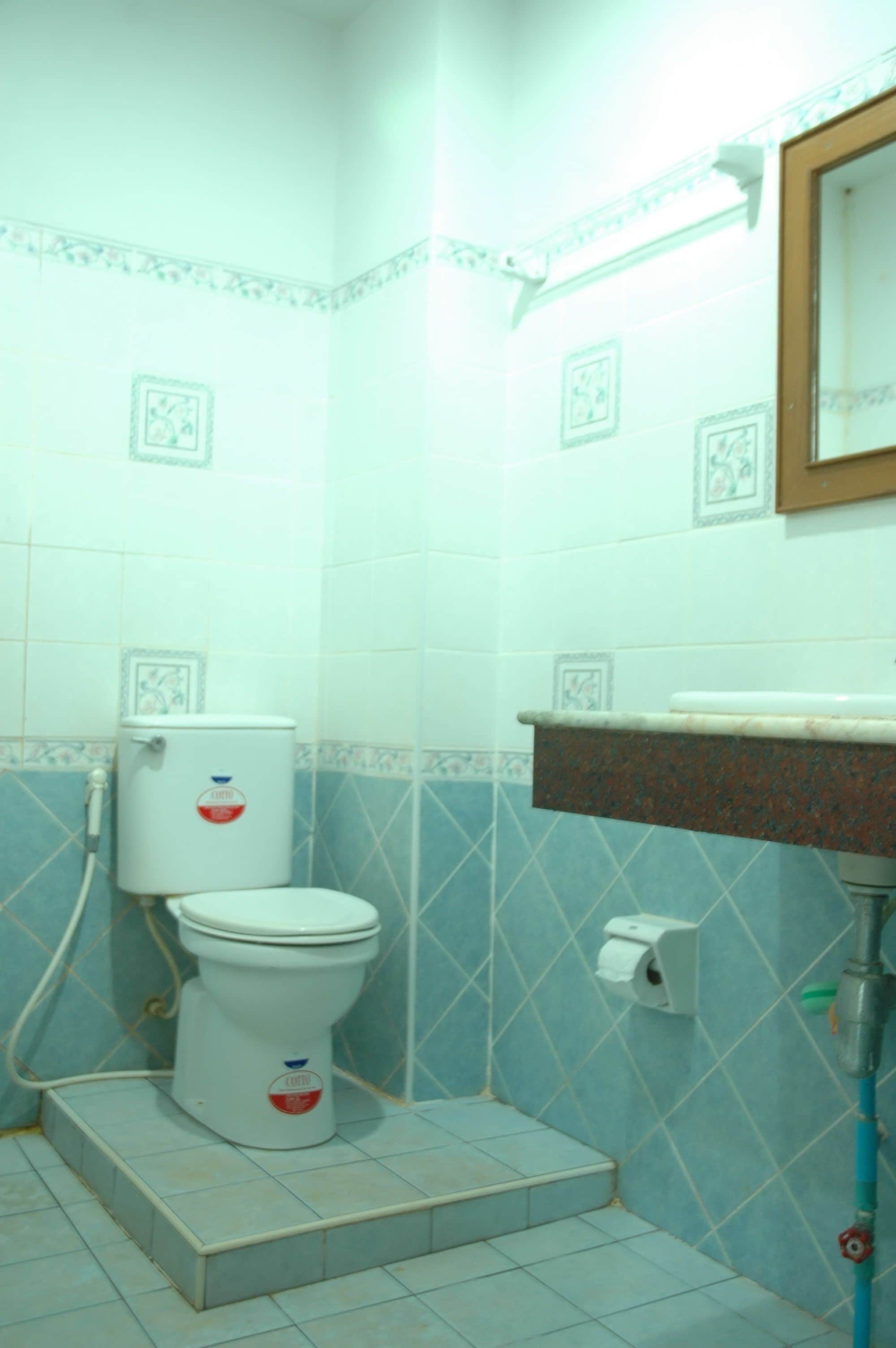 A small bathroom with a toilet, a sink, and a mirror.