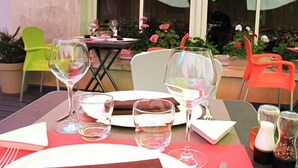 A dining table set with plates, glasses, and cutlery, surrounded by chairs and potted plants. - Hôtel de France (Montmorillon)