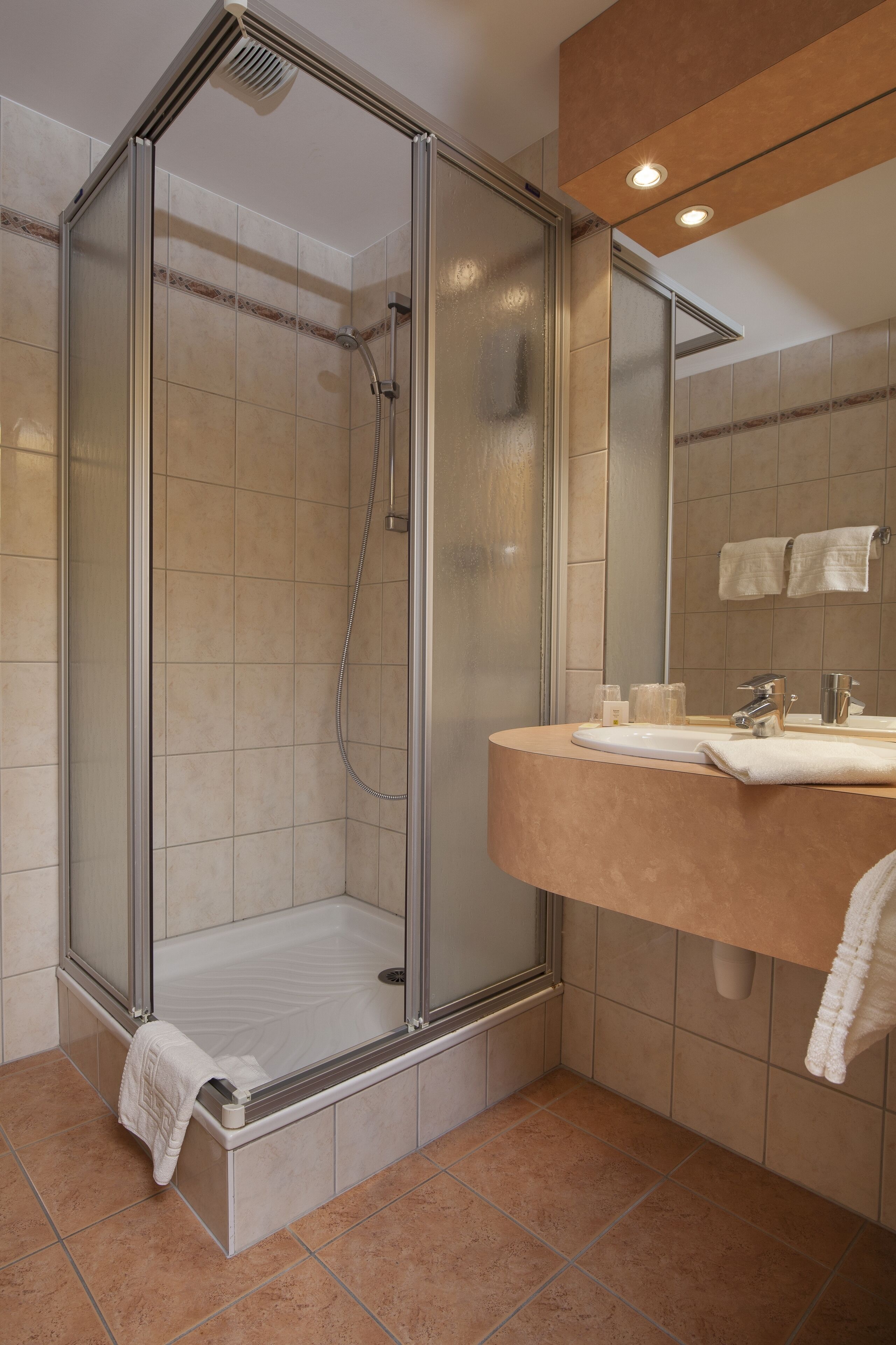 A modern bathroom with a glass-enclosed shower, a vanity with a mirror, and a towel rack.