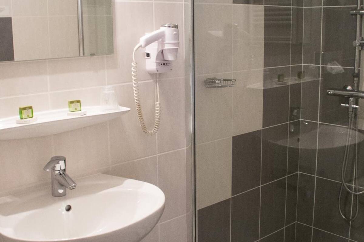 free toiletries, hair dryer, towels