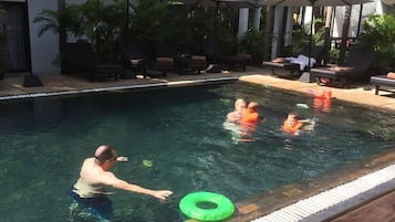 Outdoor pool, open 6:00 AM to 7:00 PM, sun loungers