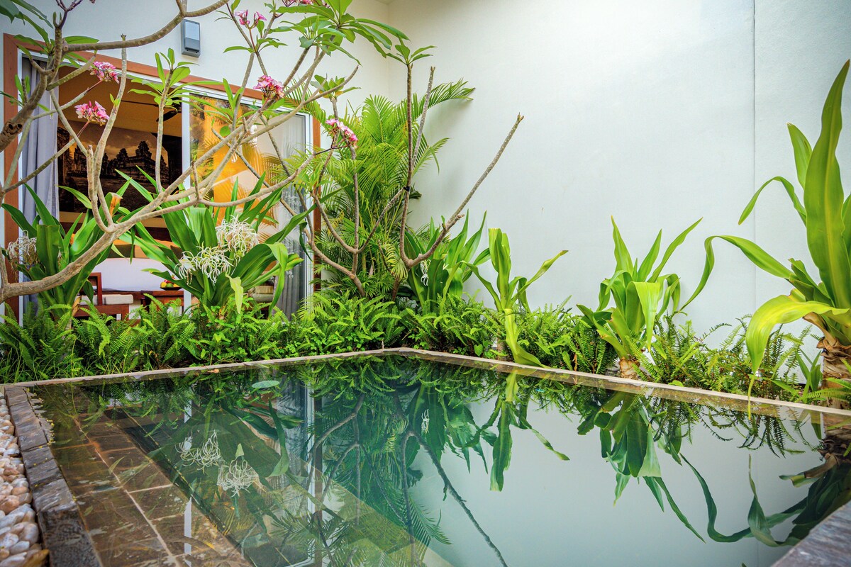 Una piscina rodeada de exuberante follaje y un reflejo cristalino.