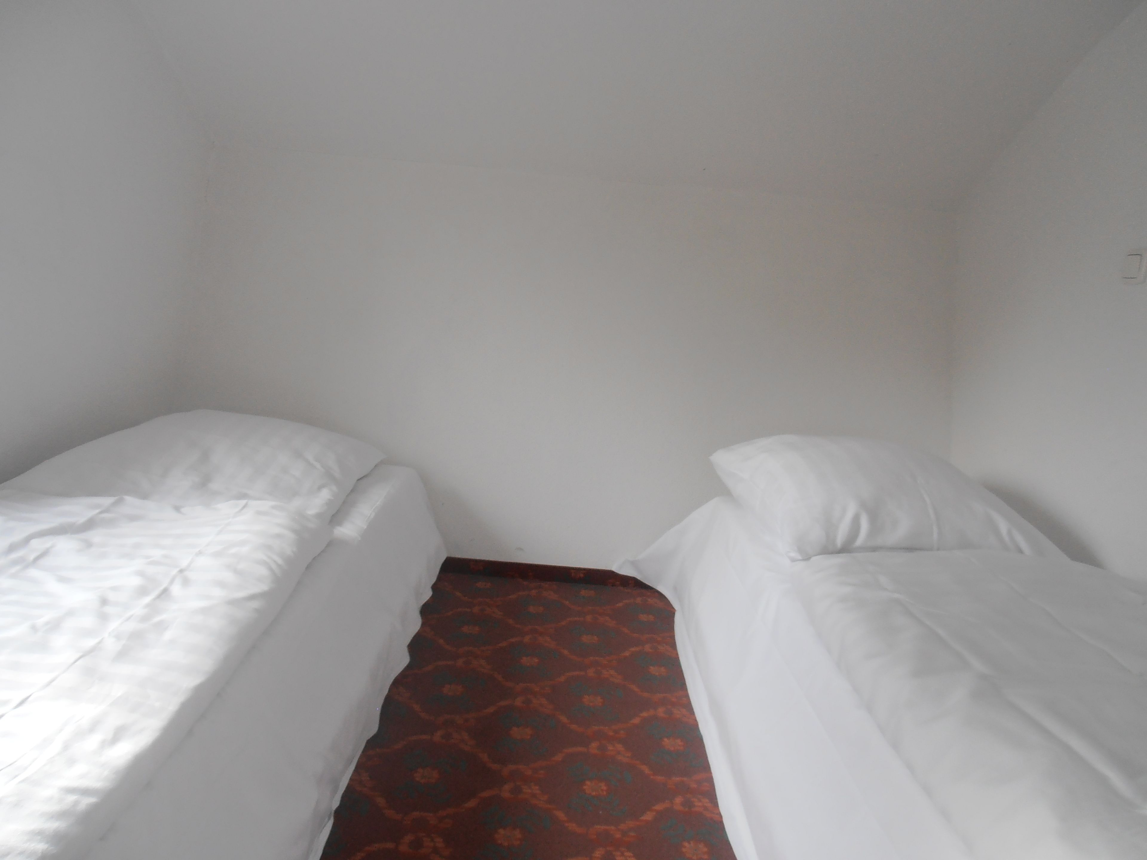 A small, single-room with two single beds and a patterned carpet.
