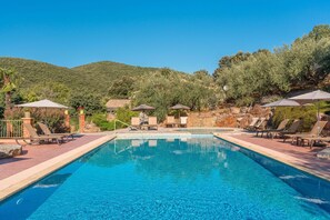 Outdoor pool, pool umbrellas, pool loungers