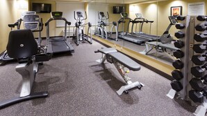 A gym with treadmills, elliptical machines, a bench, and dumbbells.