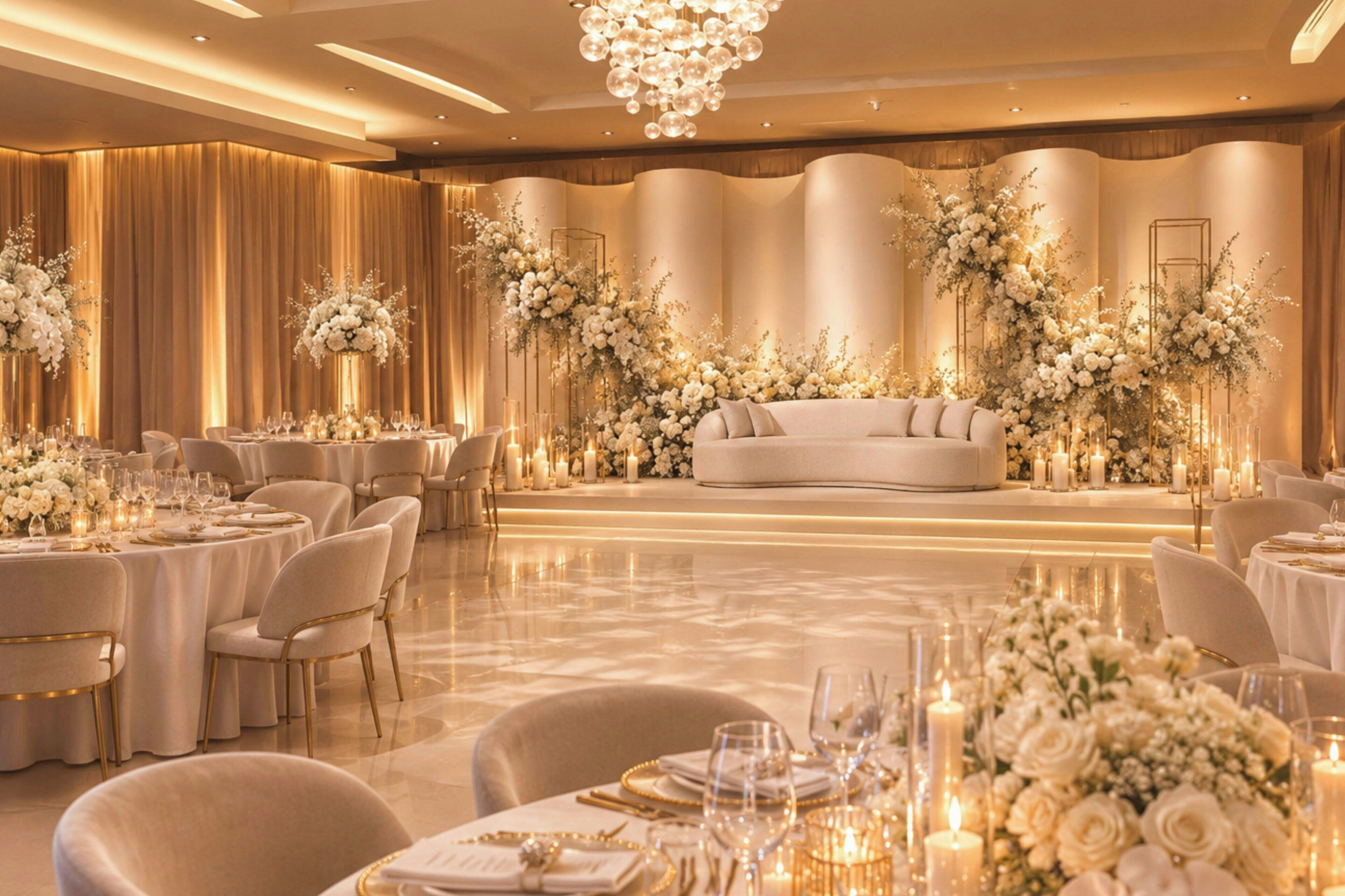 Un salón de banquetes lujoso con mesas redondas, sillas elegantes y una zona de asientos central.