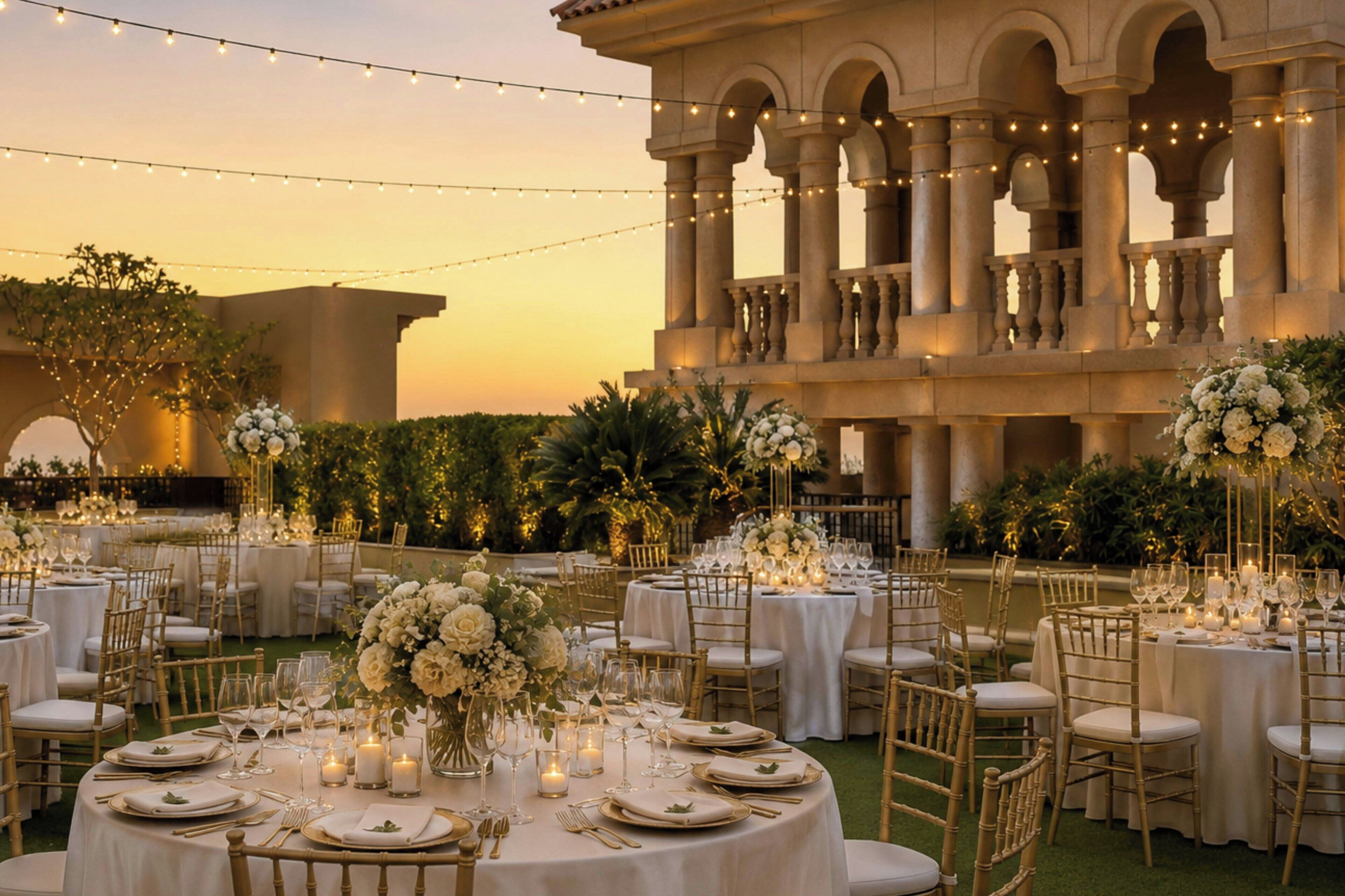 An outdoor banquet hall with round tables set for dining, surrounded by greenery and under string lights.