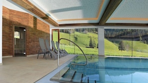 A modern indoor swimming pool with a glass barrier, wooden panel walls, and a view of a green landscape.