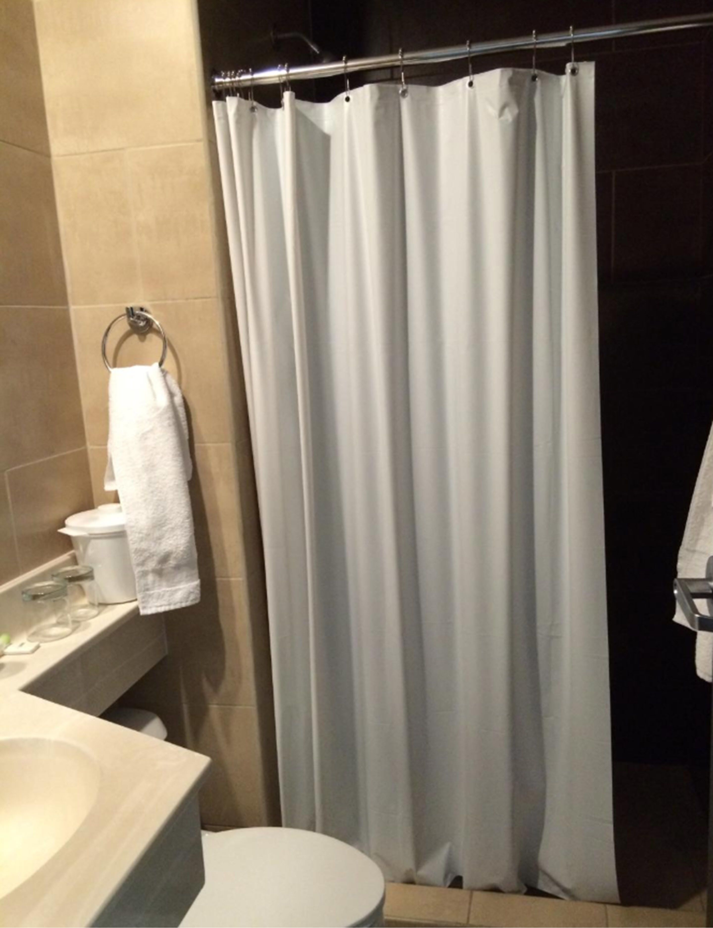 shower, rainfall showerhead, hair dryer, towels