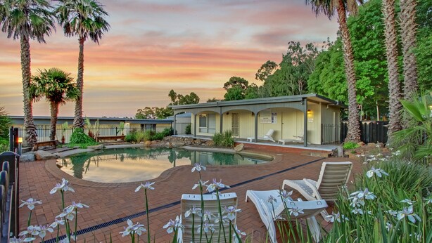 A pool area with lounge chairs, a small building, and tall palm trees. - Thunderbird Motel (Yass)