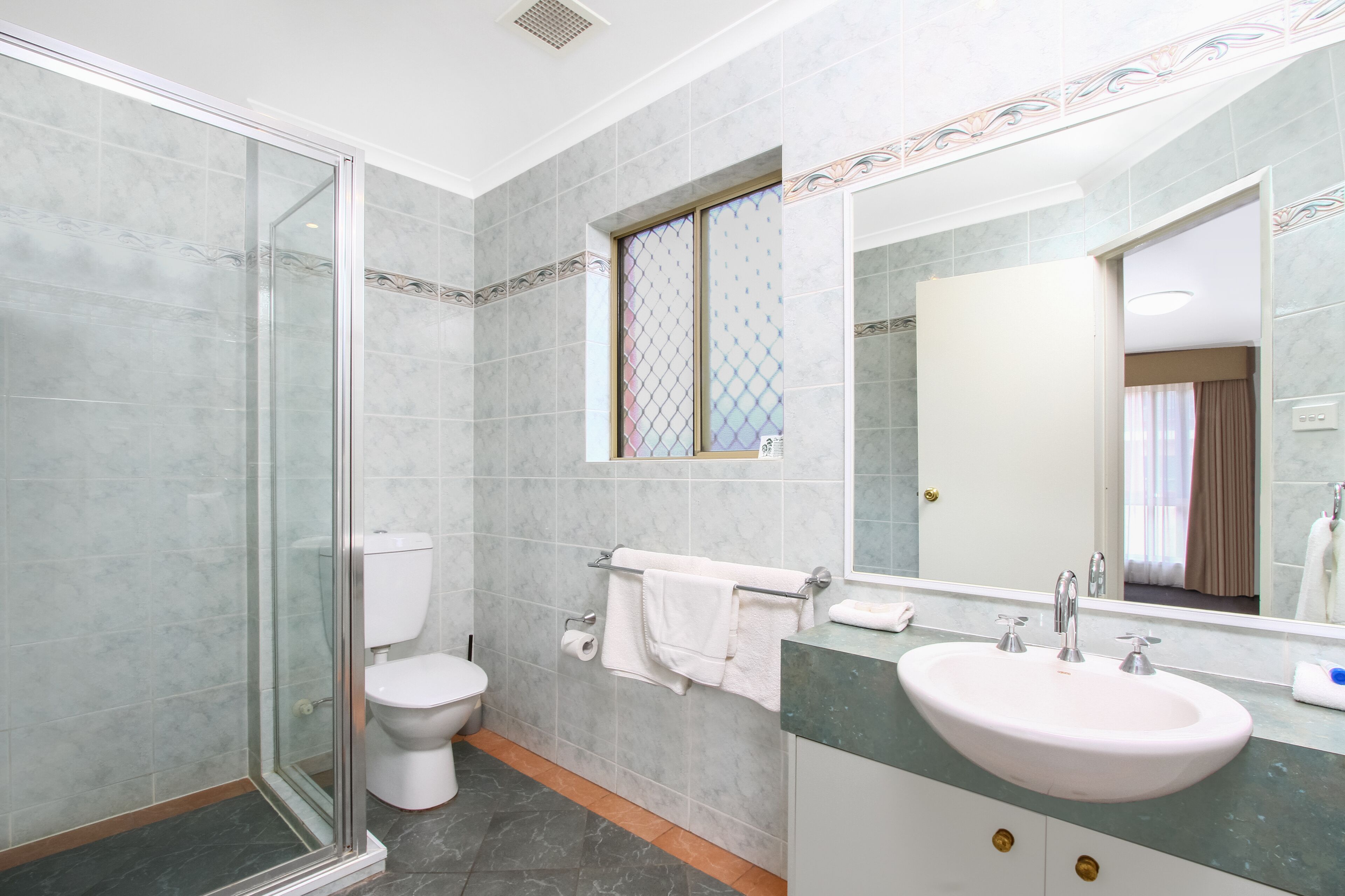 A modern bathroom with a glass shower enclosure, a toilet, a sink with a vanity, and a large mirror.