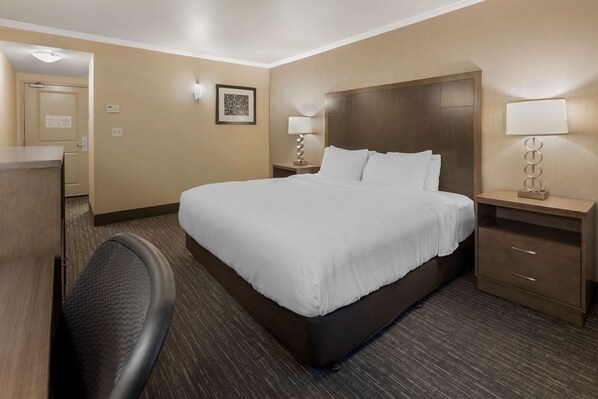 Habitación de hotel con una cama grande, un escritorio, una silla y dos mesitas de noche con lámparas.