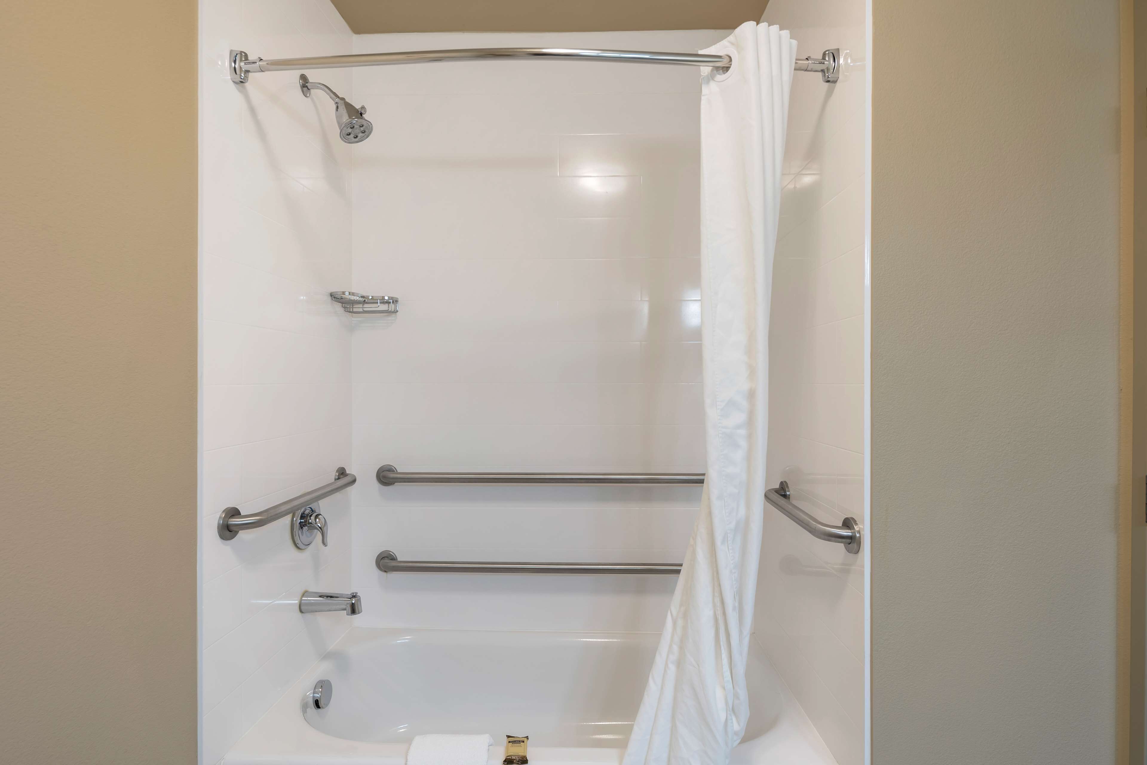 A modern bathroom with a walk-in shower, grab bars, and a bathtub.