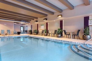 Piscina interior com borda azulejada, cadeiras de descanso e plantas em vasos.