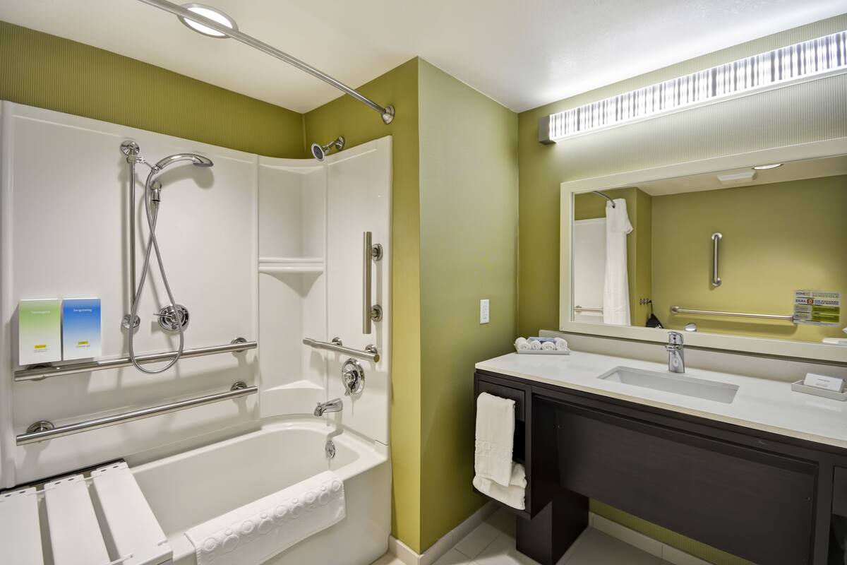 Hair dryer, towels, soap, shampoo