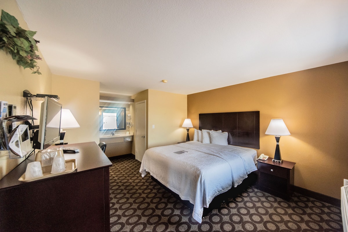 Quarto de hotel com uma cama, duas luminárias laterais, uma escrivaninha com abajur, um telefone e um suporte com copos.