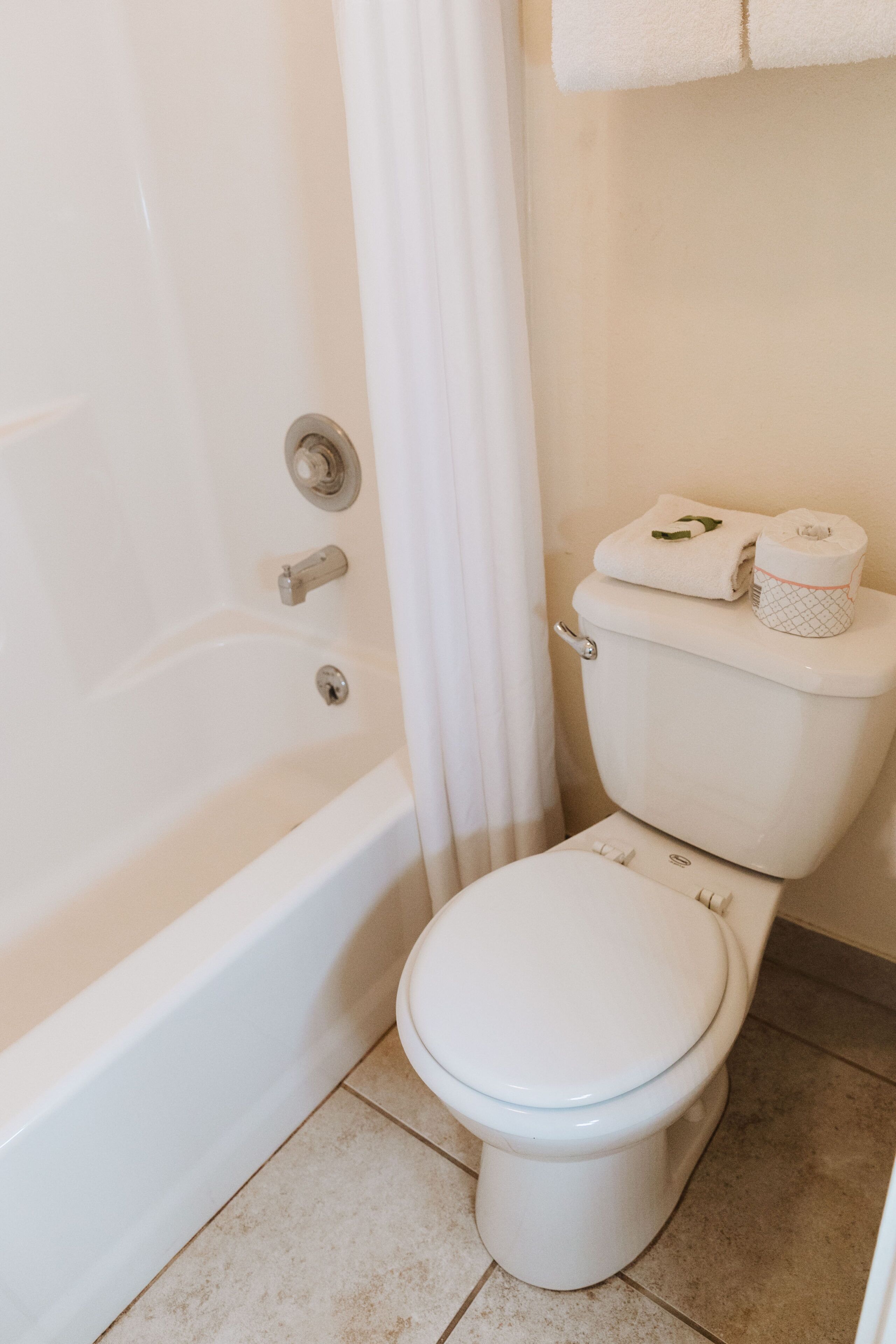 A bathroom with a bathtub, toilet, and a shower curtain.