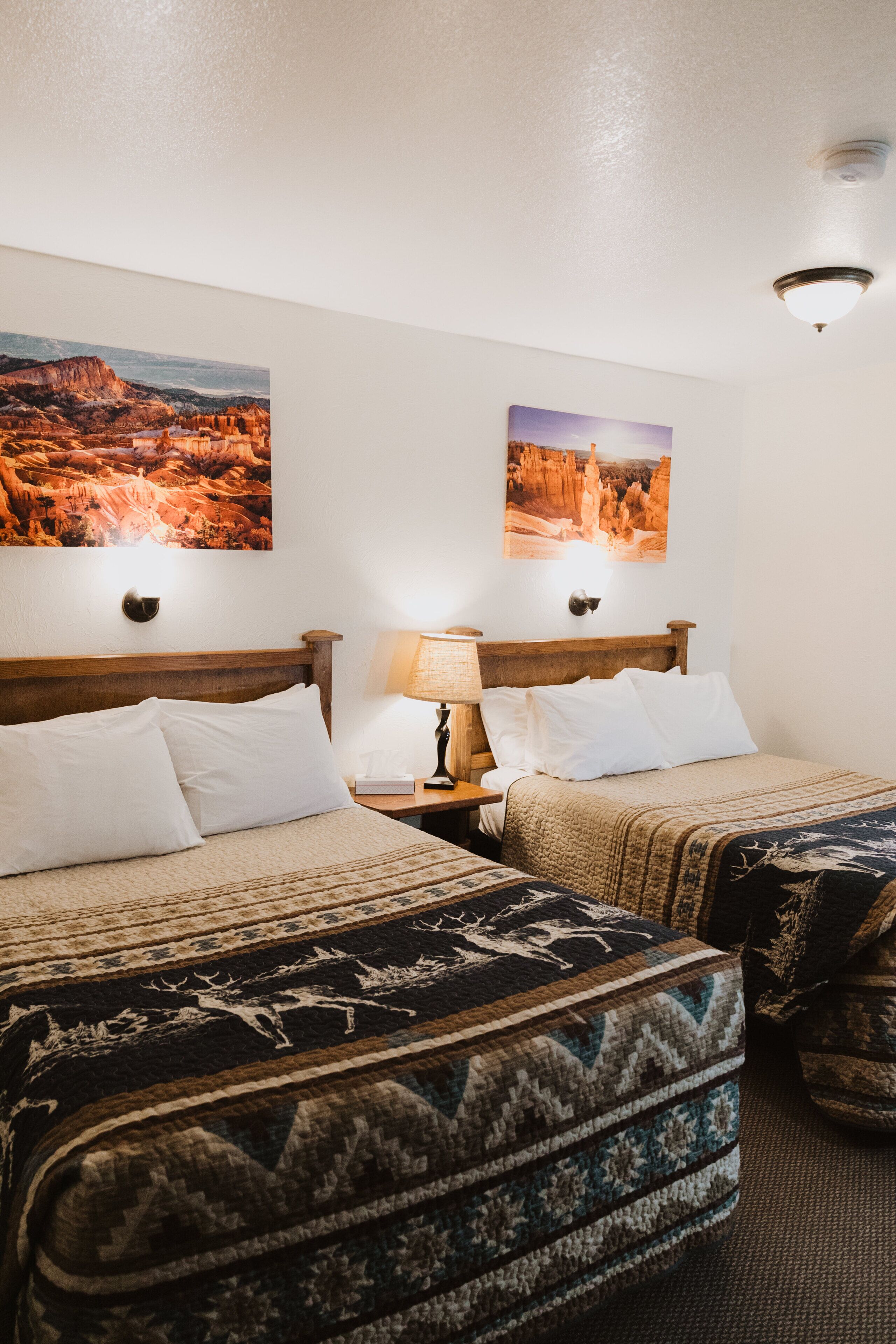 Camera d'albergo con due letti, un comodino con una lampada e due quadri appesi raffiguranti un paesaggio desertico.