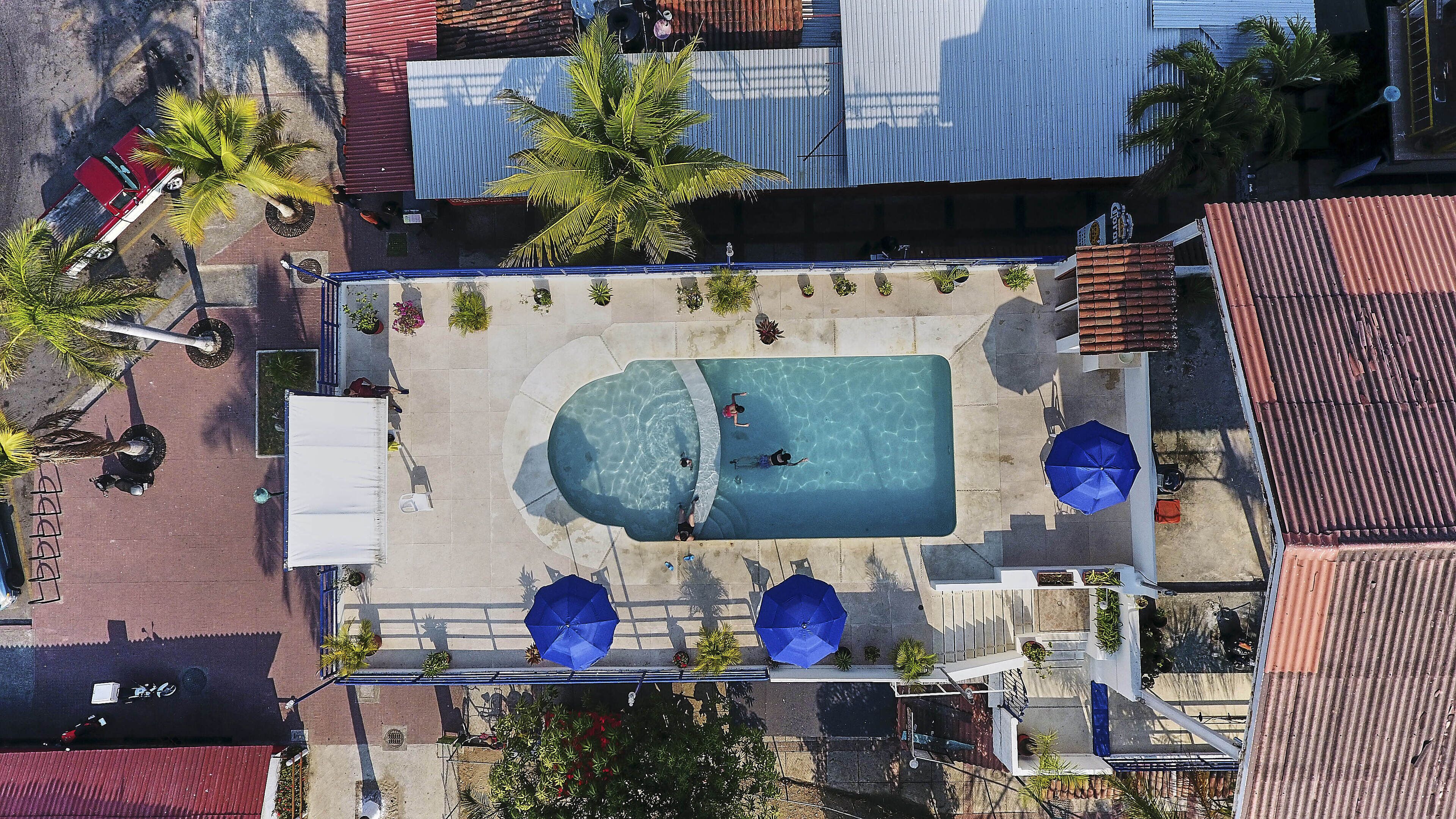 An aerial view of a swimming pool area with a pool, umbrellas, and surrounding greenery.
