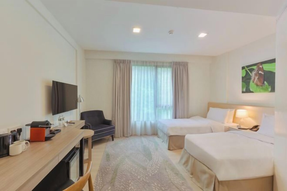 A hotel room with a bed, a desk with a chair, a television, and a window with curtains.