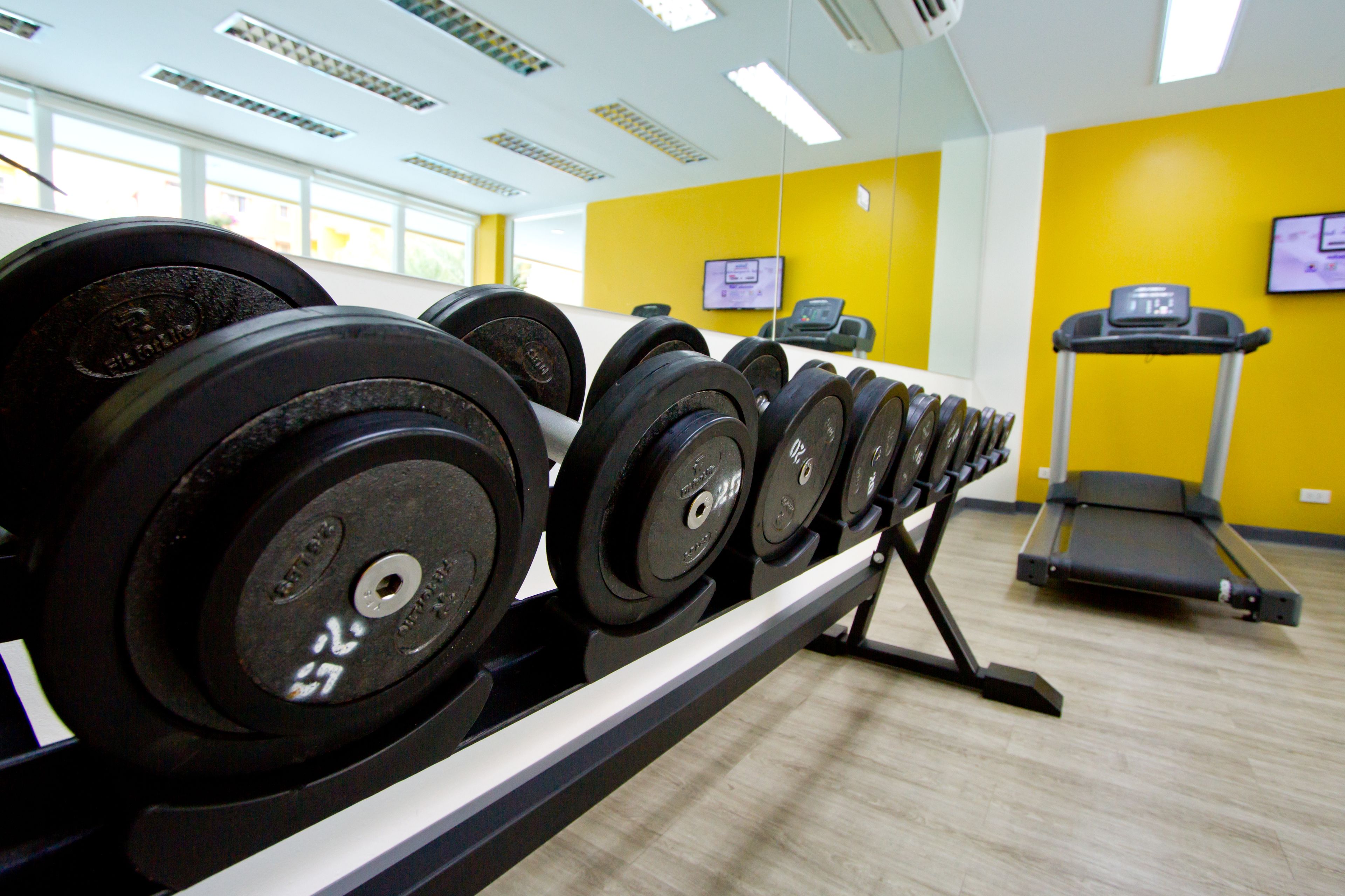 A gym with weightlifting equipment and a treadmill.