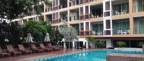 Outdoor pool, pool umbrellas, pool loungers