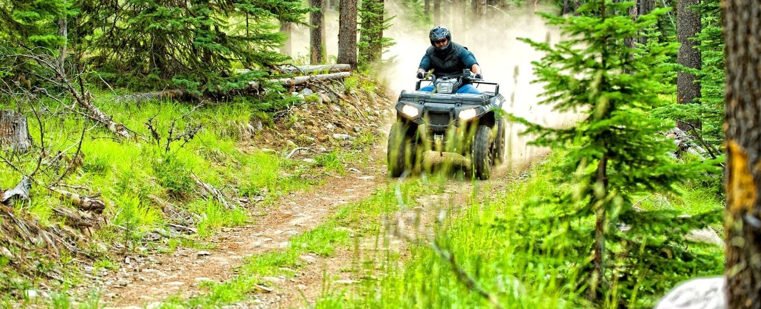 Una persona che guida un quad attraverso un sentiero forestale.