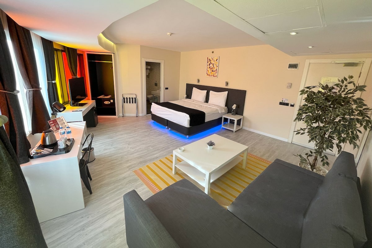 Een moderne hotelkamer met een bed, een bureau, een bank en een plant.