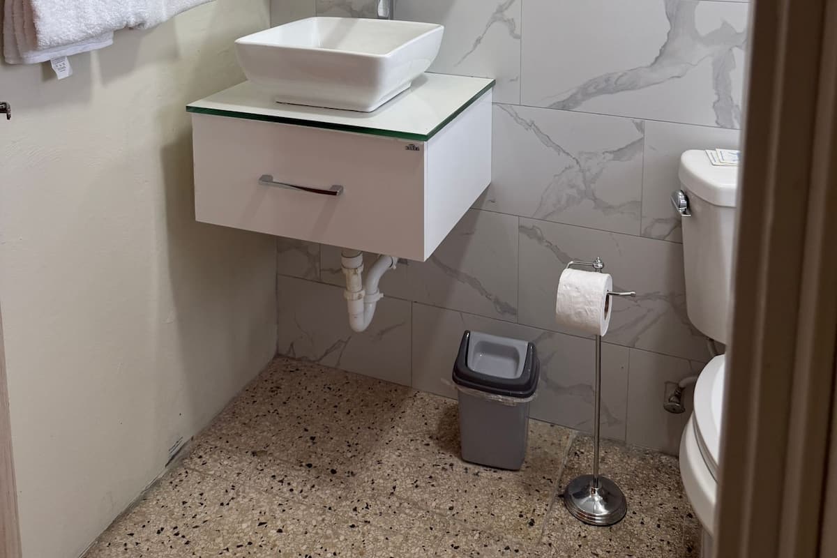 Un baño con lavamanos blanco, espejo y inodoro. Hay toallas colgadas en la pared y un cubo de basura cerca del inodoro.