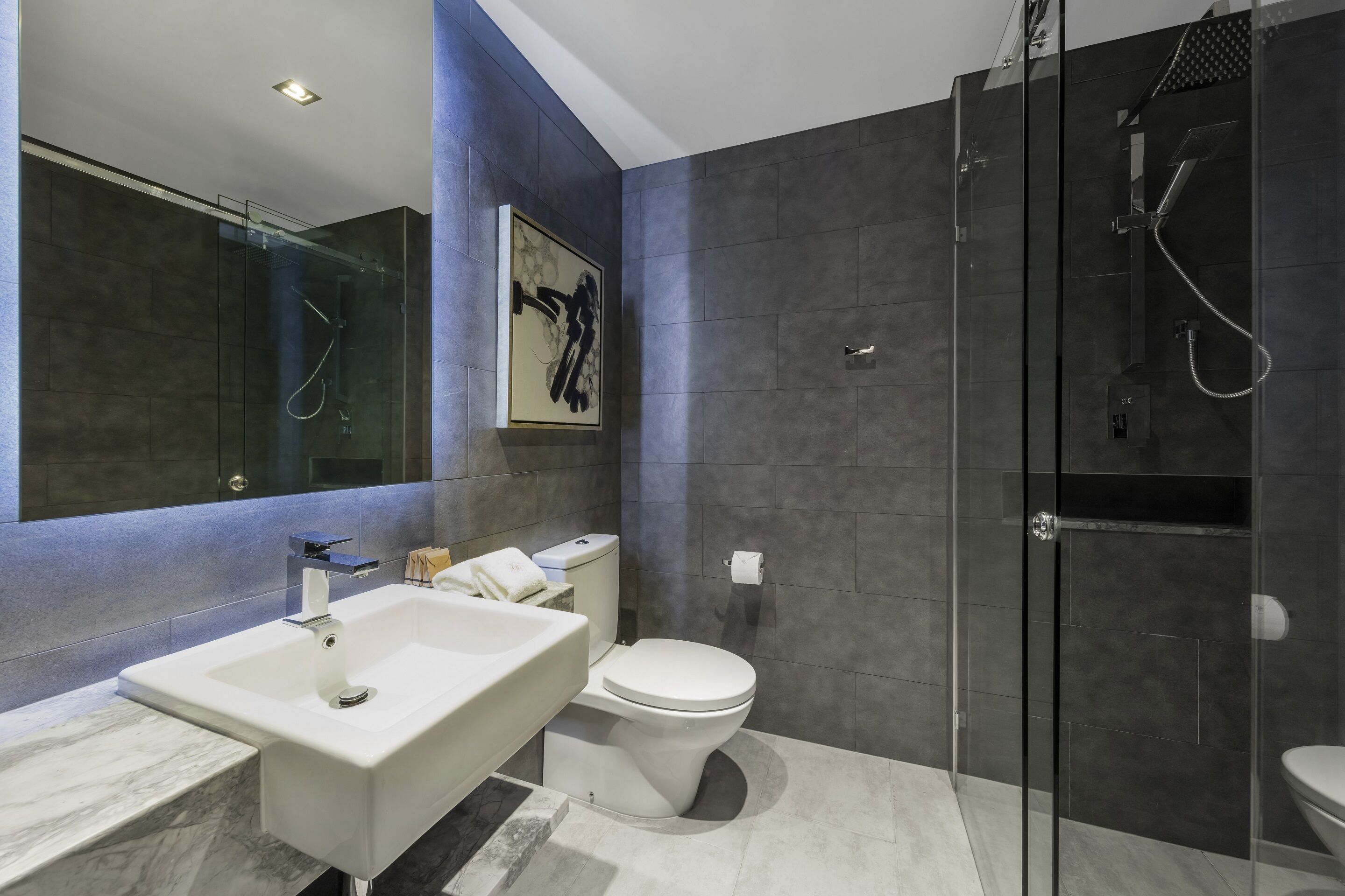 Un baño moderno con ducha de vidrio, una bañera blanca y un inodoro.